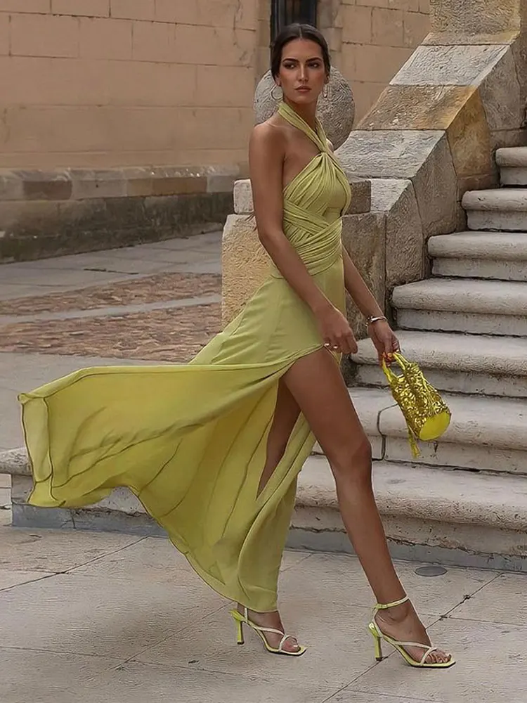 

Halter Green Backless Split Woven Dress Women Summer High Waist Floor Length Gown Dresses Elegant Holiday Banquet Maxi Vestidos