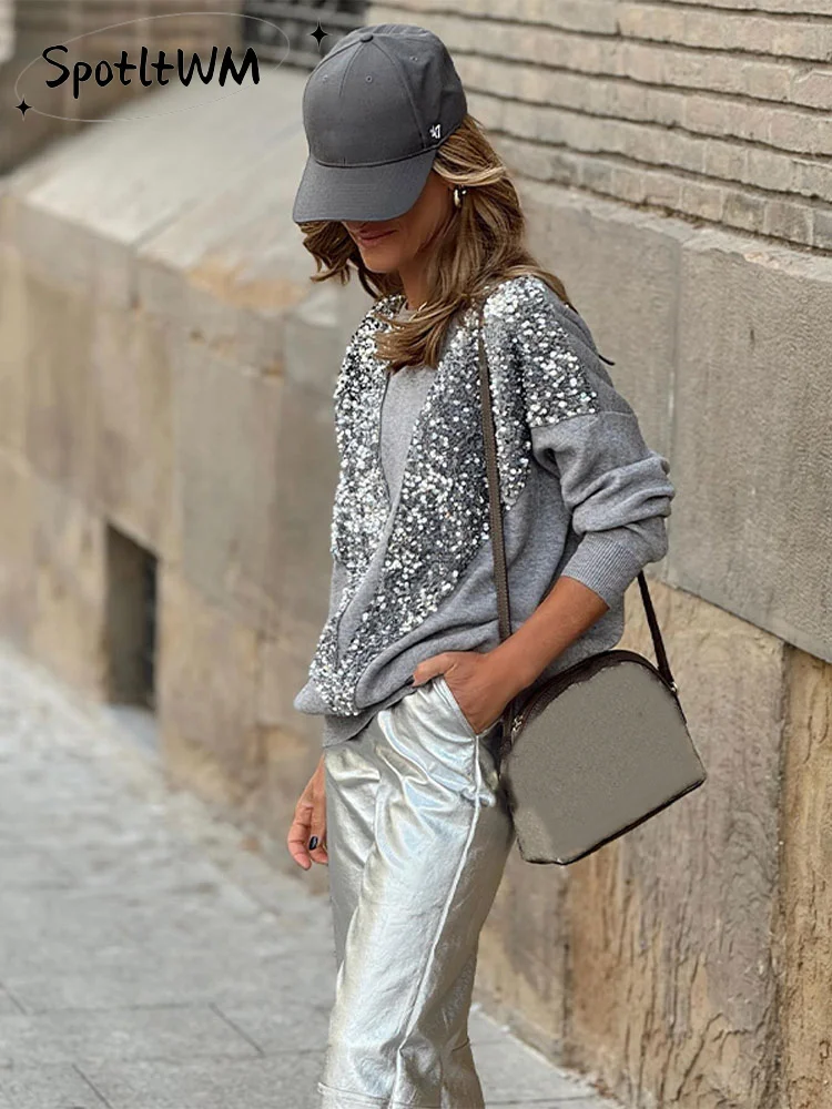 

Women Fashion V-shape Sequin Knitted Sweater Lady Elegant O Neck Long Sleeve Shiny Pullover 2023 Autumn Female Street Knitwear