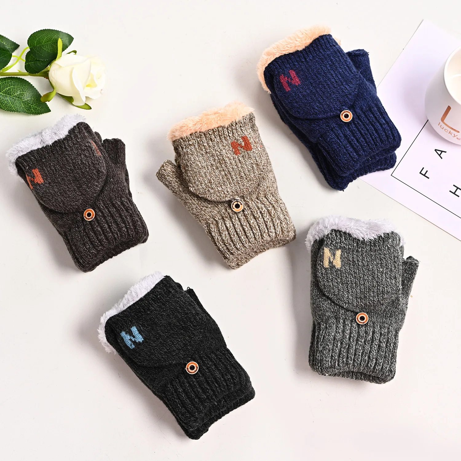 Fingerless Gloves Half Finger Gloves Warm Gloves Winter Wool Gloves Knitted Flip Exposed Finger Thick Women