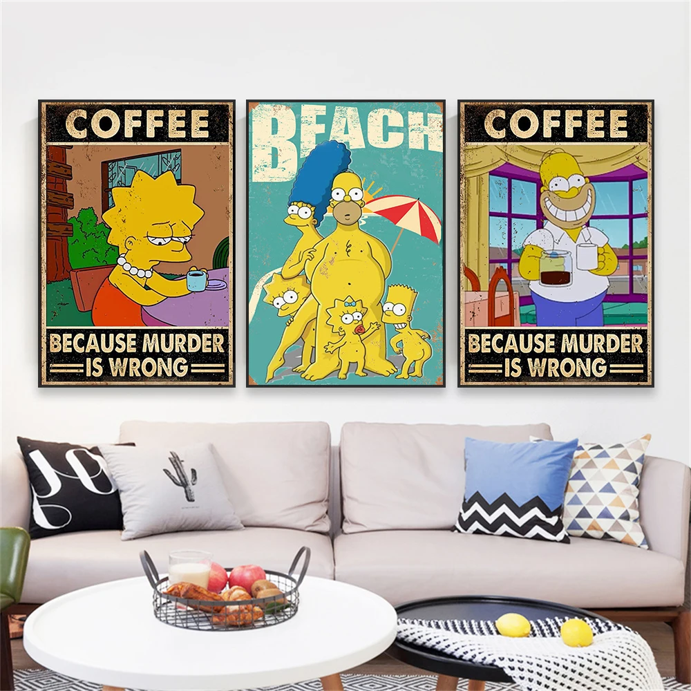 Retro Marge Simpson Coffee Paintings Poster Disney Graffiti Wall Art Pop Street Prints Modern Canvas Painting Office Bar Decor