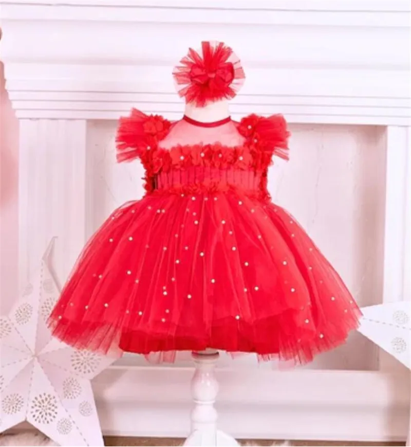 

Red Puffy Flower Girl Dresses Cute Baby Girl Dress Tulle Pearls Kid Tutu Birthday Party Gown First Celebration Christmas Dress