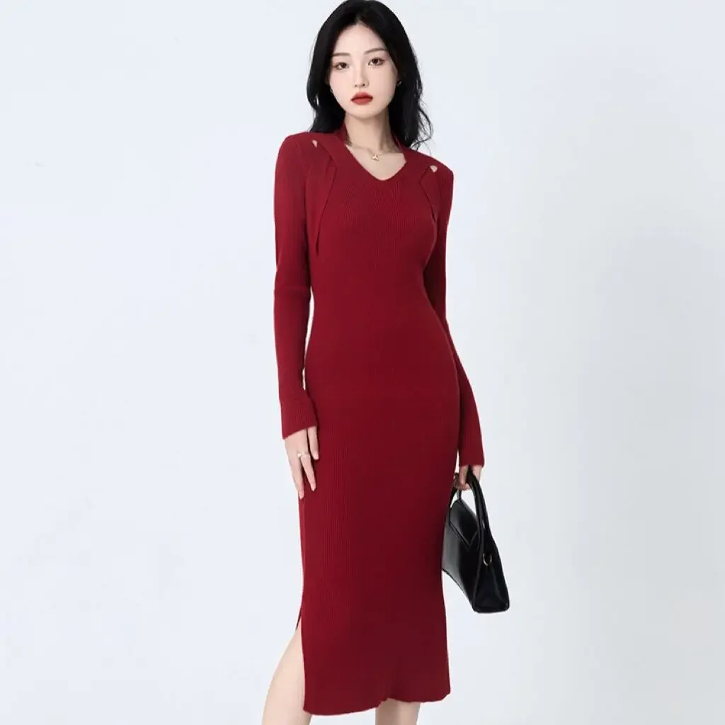 

Temperament Retro Neck Knit Dress Fall Winter Fashion Women's Inside Take Long sleeved Sweater Skirt Dresses for Women 2024