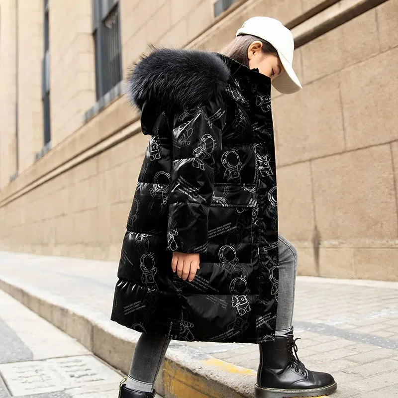 

Girls Winter New Down Jacket Shiny Cotton Coat Mid-Length Printed Snowsuit Teens Clothes Korean Casual Hooded Parka 8 10 12 14 Y