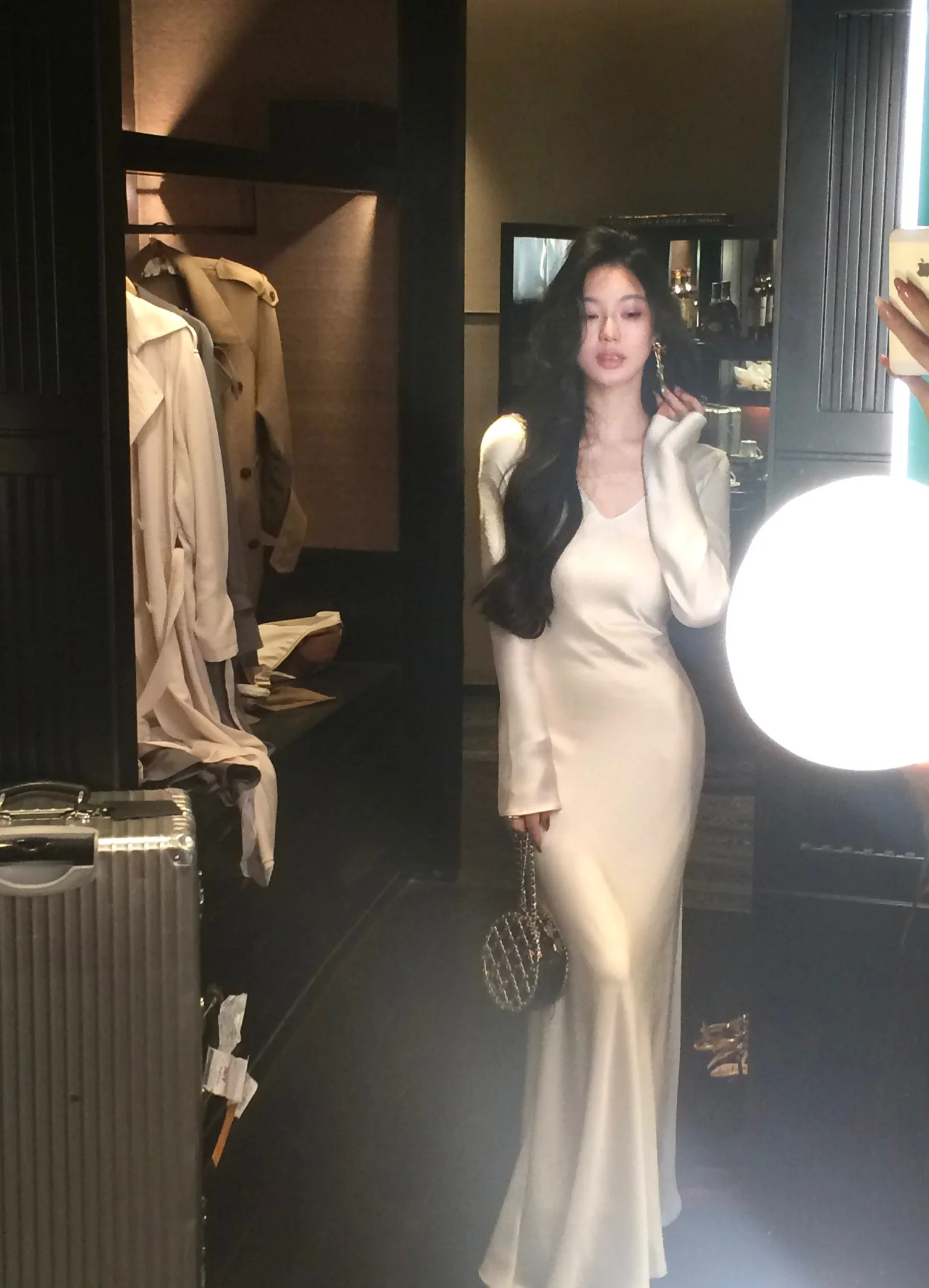 Vestidos largos de satén de otoño para mujer, vestido de fiesta de noche para boda, vestido de graduación, vestido de sirena de una pieza con cuello en V y mangas largas