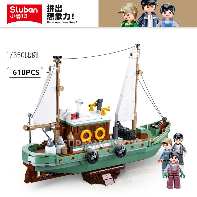 Sluban Great White Shark Fishing Boat Fisherman Building Blocks