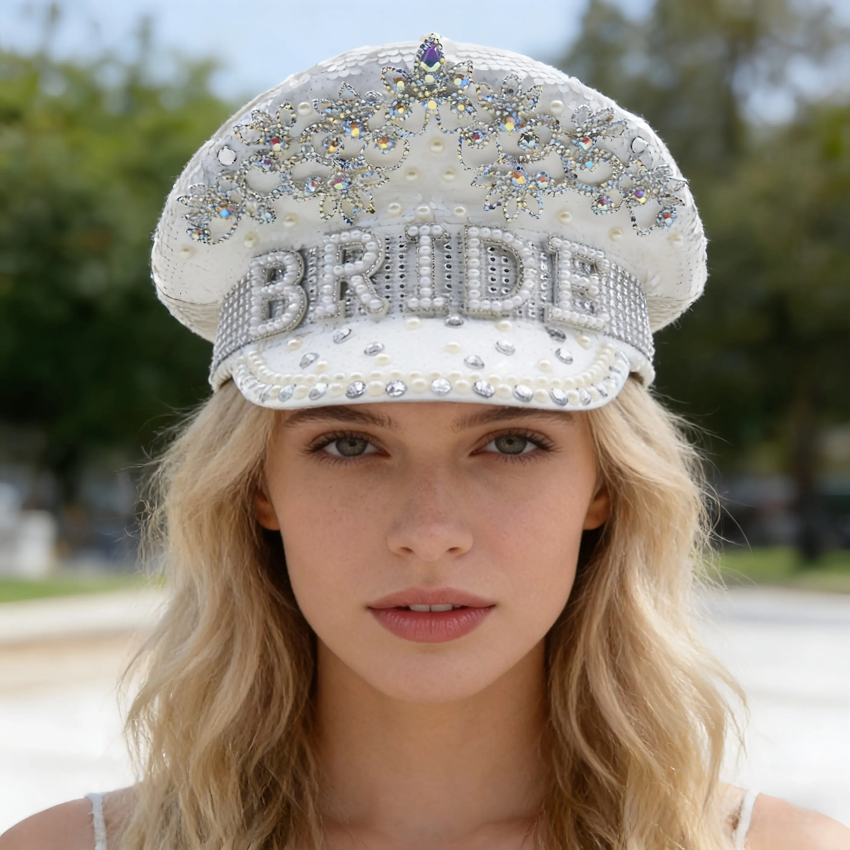 HongLuan Luxuriöser weißer Braut-Kapitänshut mit Strasssteinen für Hochzeit, Festival, Frau, Vintage-Militäraccessoires und Militärmütze – Detail 5