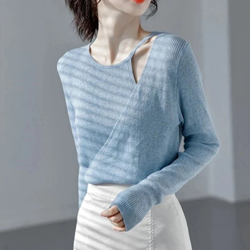Autumn New Women's Clothing Round Neck Long-sleeved Hollow Long-sleeved Sweater Fashion Solid Color Slim-fitting Knitwear Blouse