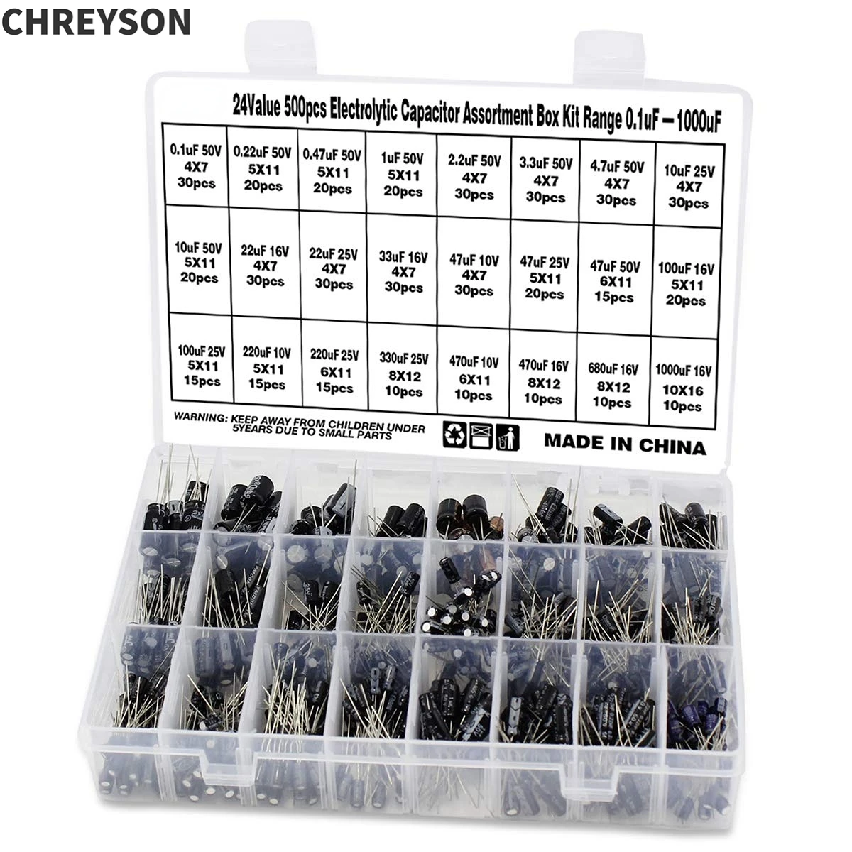 Gamma Di Kit Di Assortimento Di Condensatori Elettrolitici Da 500 Pezzi Con Valore 24 0.1Uf-1000Uf