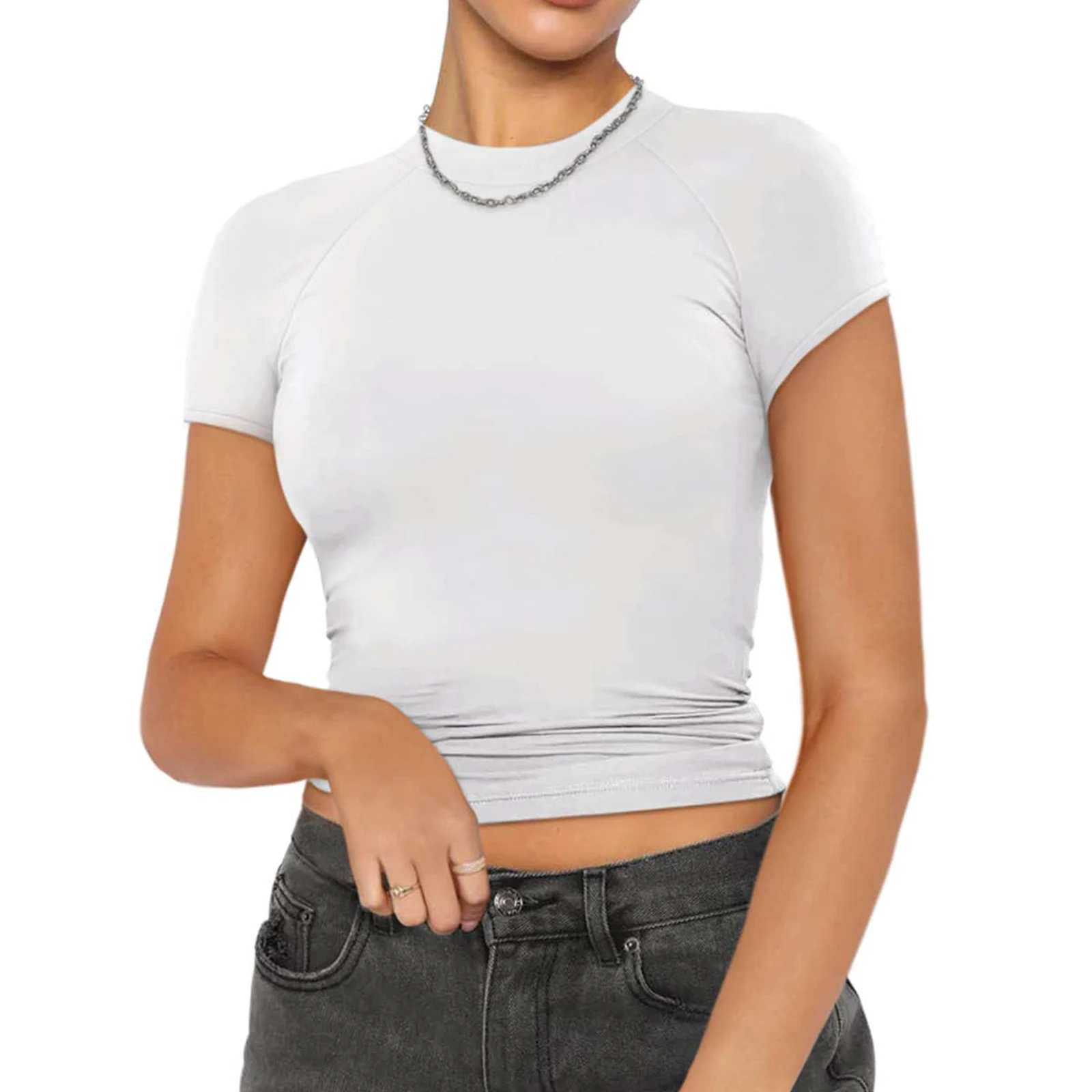 

Women's Summer Fitted T Shirt Crop Tops Solid Color Short Sleeve Blouse Crewneck Casual Streetwear T-shirt 2023 New Women Tops