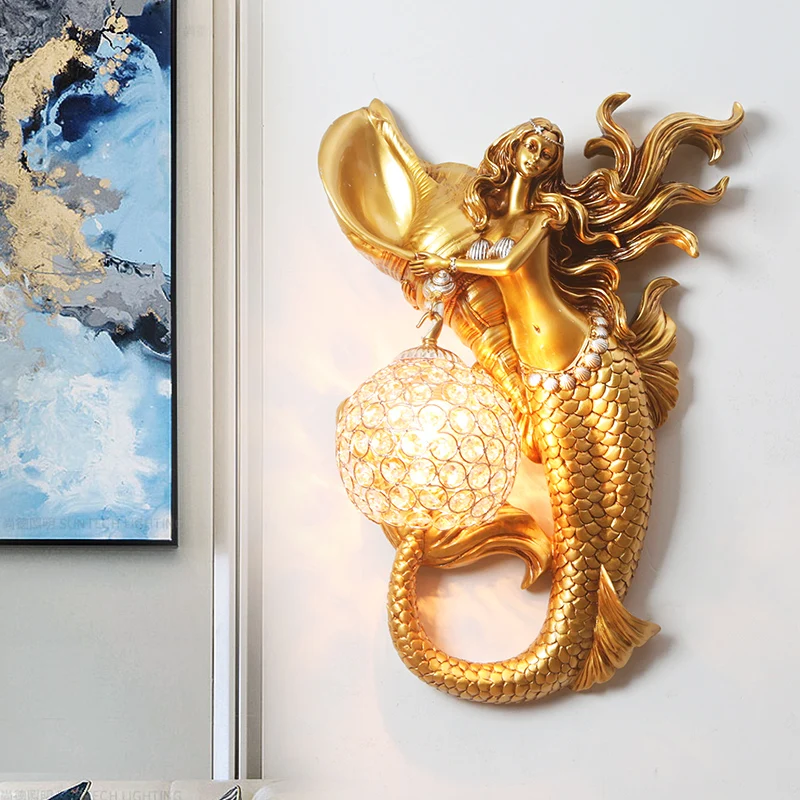 

Европейская Золотая настенная лампа «русалка» для гостиной, светодиодное настенное бра в виде ракушек, Светильники для спальни, прикроватный комнатный светильник, светильник ний Декор