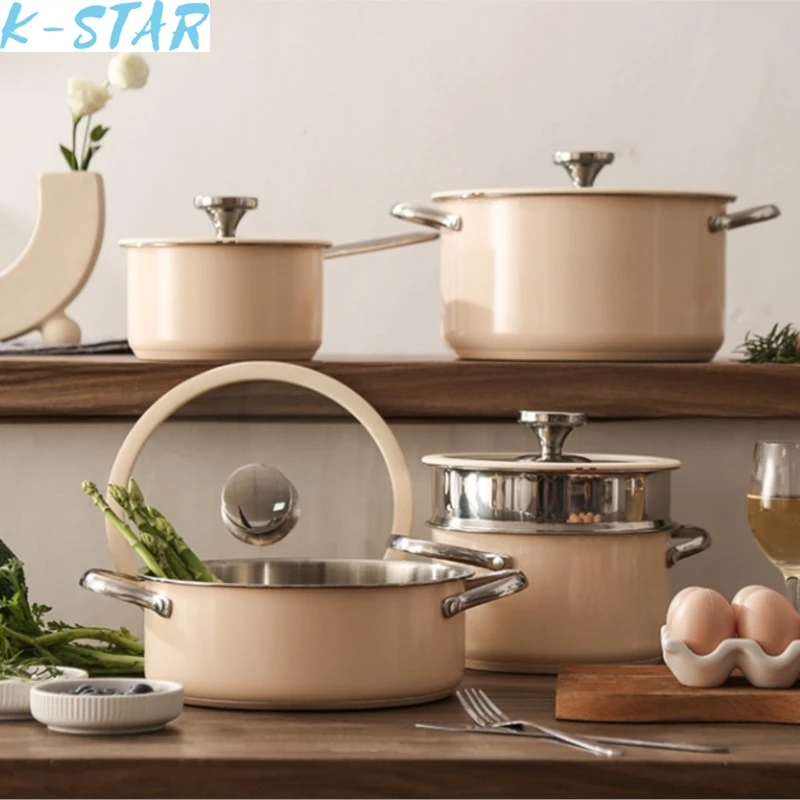 

K-star Korean Style Stainless Steel 304 Cookware Ceramic Paint Soup Pot Milk Pot Steaming Pot Seafood Pot Silicone Glass Cover