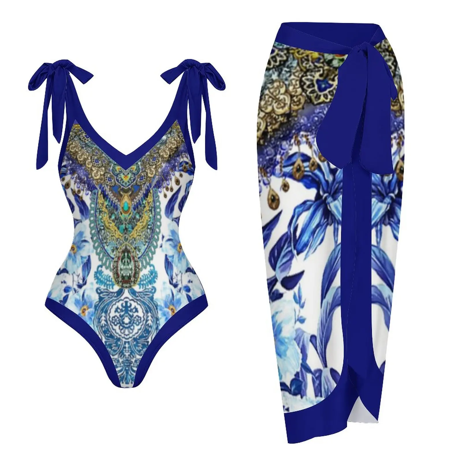 

Blue Flower Printed Swimsuit Set 2-piece Luxury Gemstone Sexy Bikini V-Neck Bow Strap Fashion Bathing Suit 2023 Women's