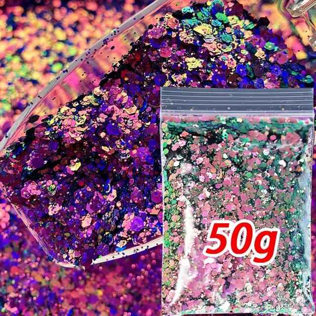 50G Chameleon Hexagon Chunky Glitter Nail Sequins Holographic Nail Flakes Powder 20colors Iridescent Chameleon Glitter Decora