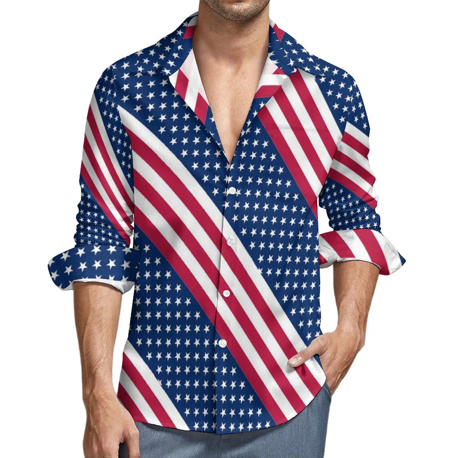 

American Flag Stylish Shirt Male Stars And Stripes Casual Shirts Spring Street Style Blouses Long Sleeve Vintage Oversized Tops