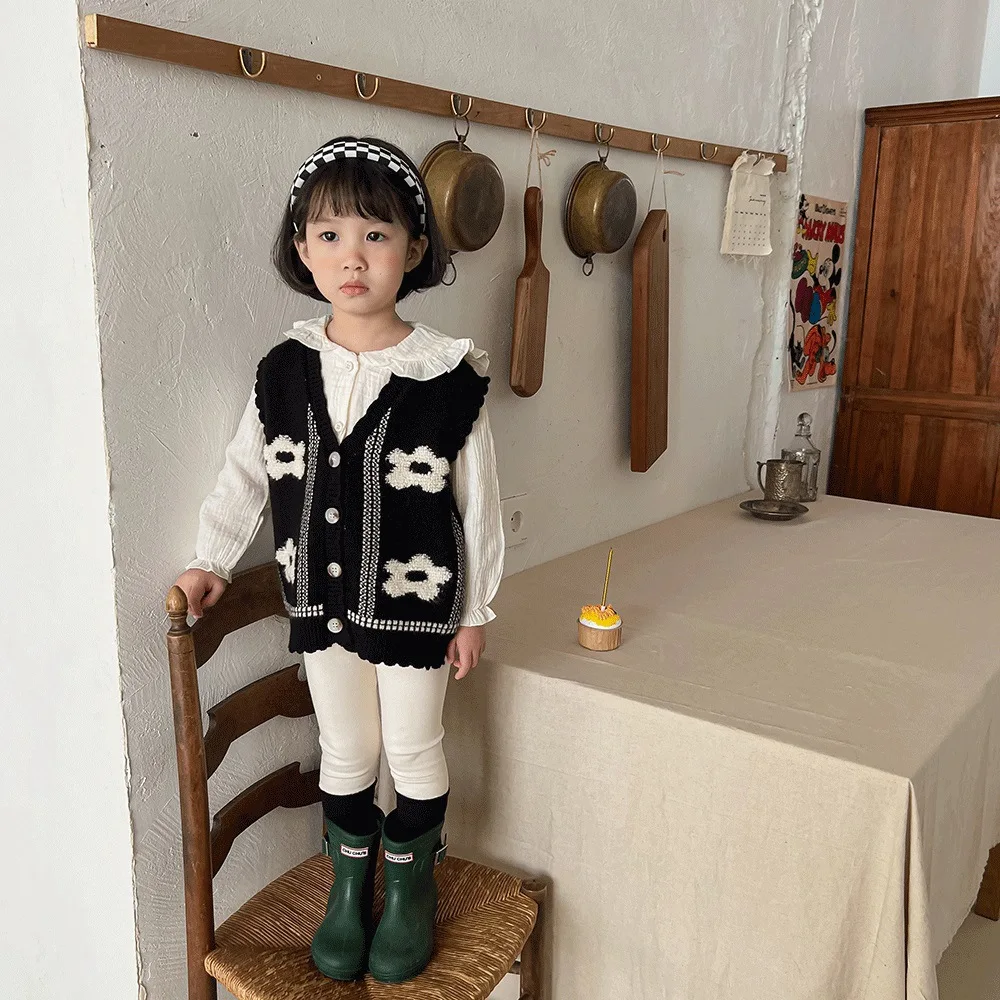 2022 Spring New Girls Knit Cardigan Vest Fashion Children Girls Flower Knitted Vest Jacket Kids Baby V-neck Sweater