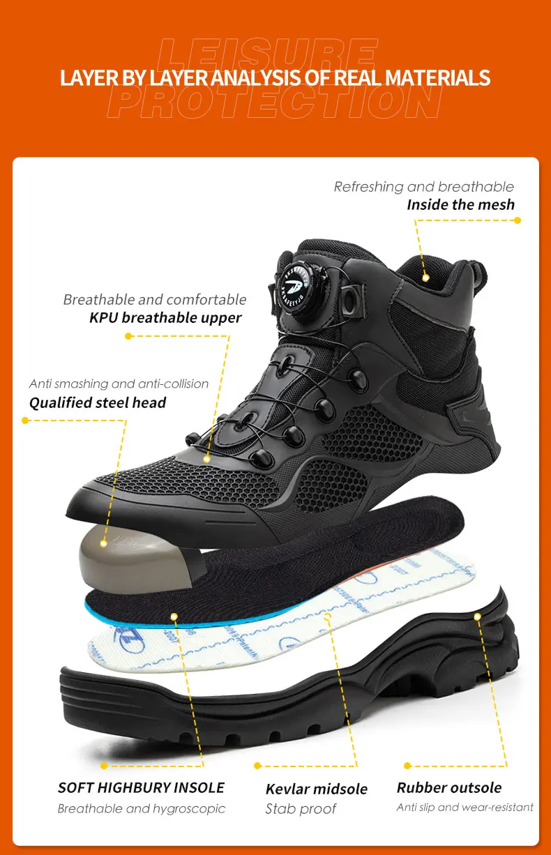 Rotary Buckle New Safety Boots Men Work Sneakers Indestructible Shoes Steel Toe Protective Anti-smash Anti-puncture Safety Shoes