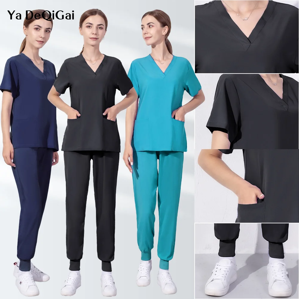 

Hot Sales Nurse Uniform Women Short Sleeve Neck Tops Working Uniform Blouse Scrubs Workwear Nursing Women Scrubs Pants Elastic