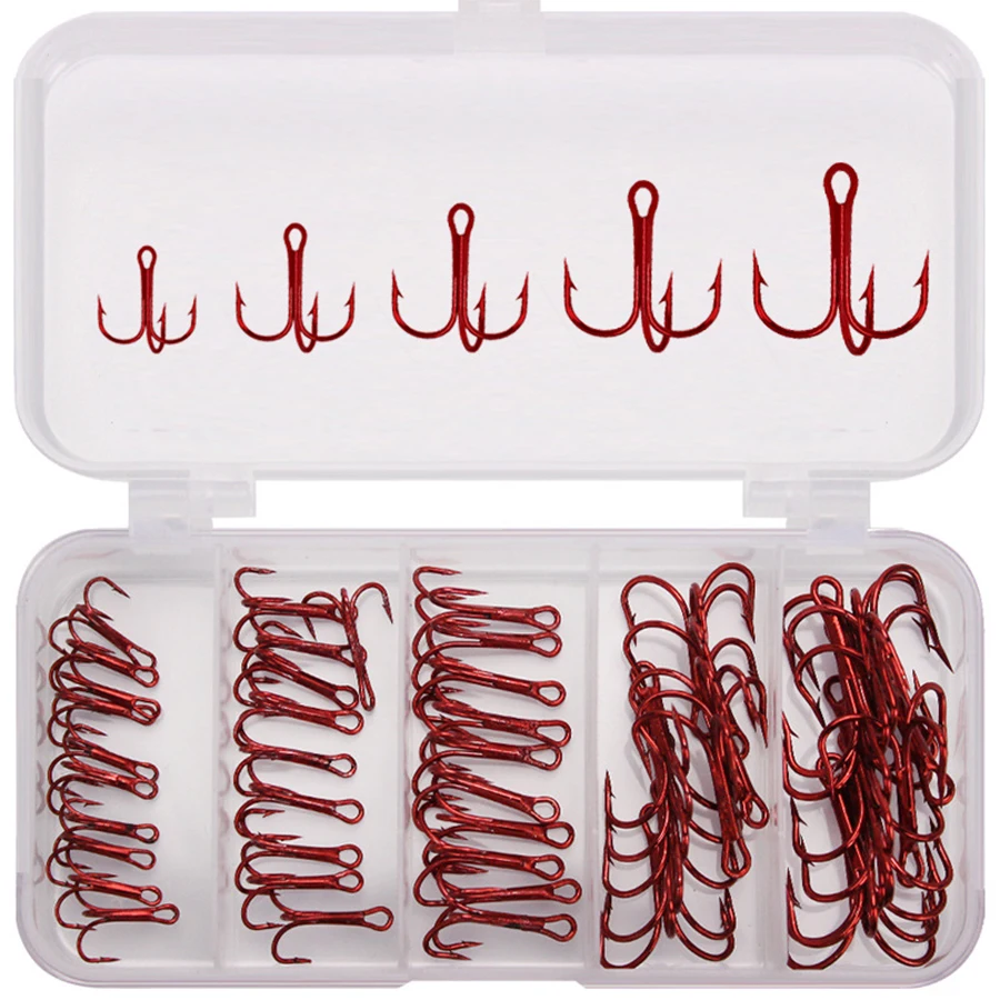 50pcs/Box Red Treble Hooks High Carbon Steel Fishing Hooks Kit for Catfish  Lures Baits Bass Size #2 #4 #6 #8 #10