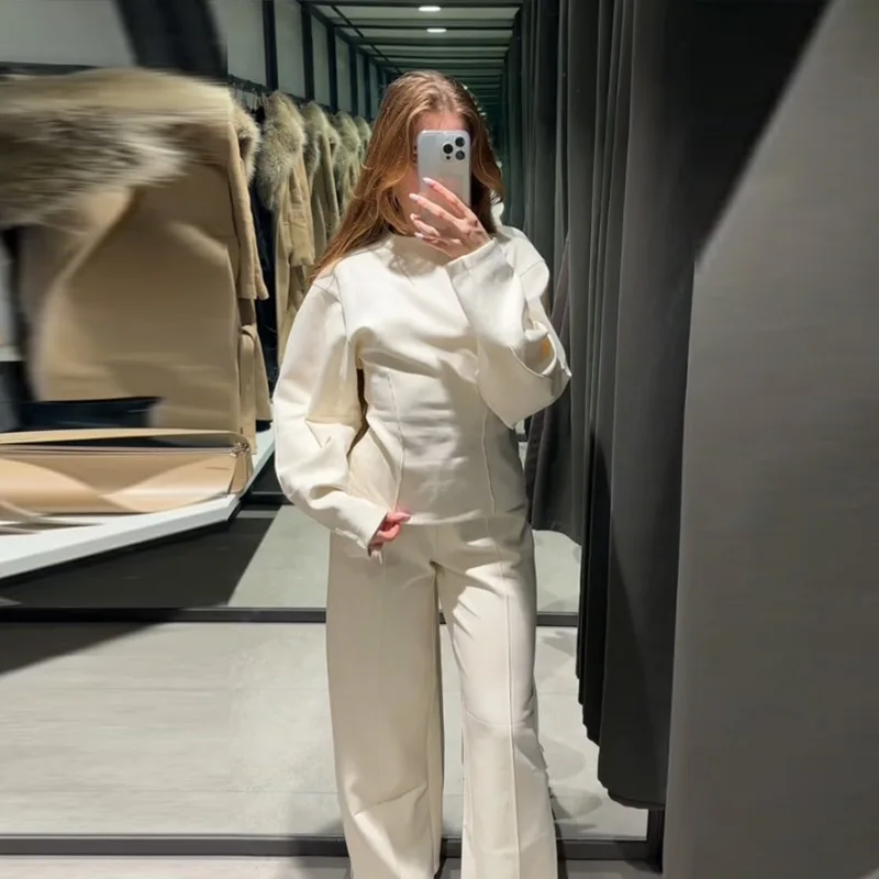 Casual Women's 2-piece Solid Pants Sets Long Sleeve O-neck Sweatshirts Wide Leg Pleated Trousers Autumn Lady Lazy Tracksuit