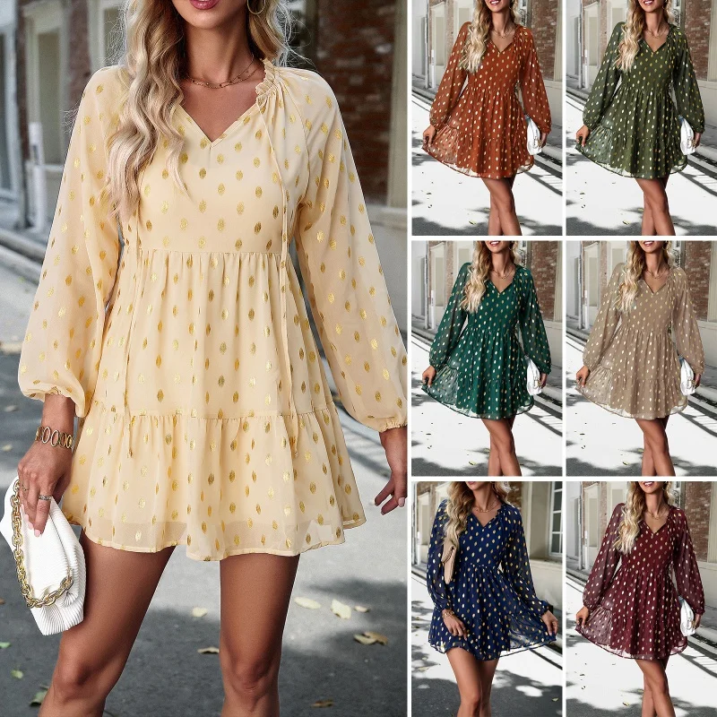 DY-Pack Autumn ChiffonvCollar Long Sleeve Commuter Dress Women