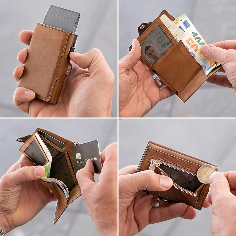 Pop-Up Credit Card Case with RFID Protection Genuine Leather Wallet with  Compartment for Notes and Coins for Men and Women