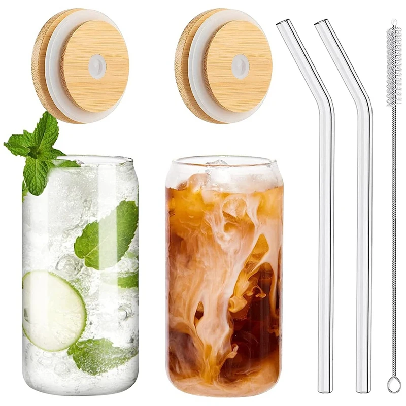 

2PCS Set, With Bamboo Lids 16Oz Can Shaped Glass Cups With Lids And Straws,Beer Glasses
