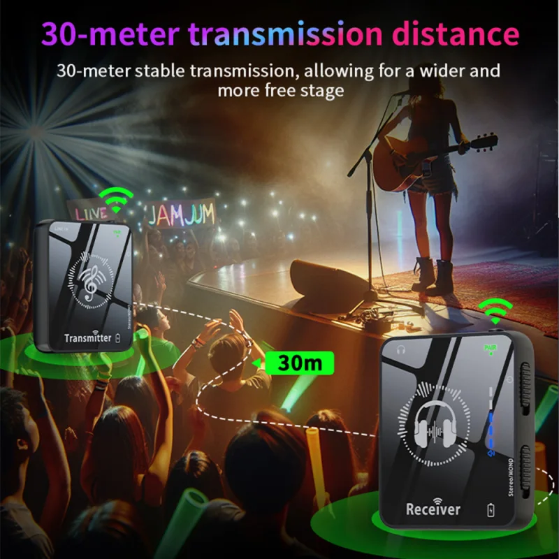 2.4GHz Wireless Earphone Monitor Transmission System Rechargeable Transmitter Receiver Mono/Stereo Switch 30m/98ft Transmission