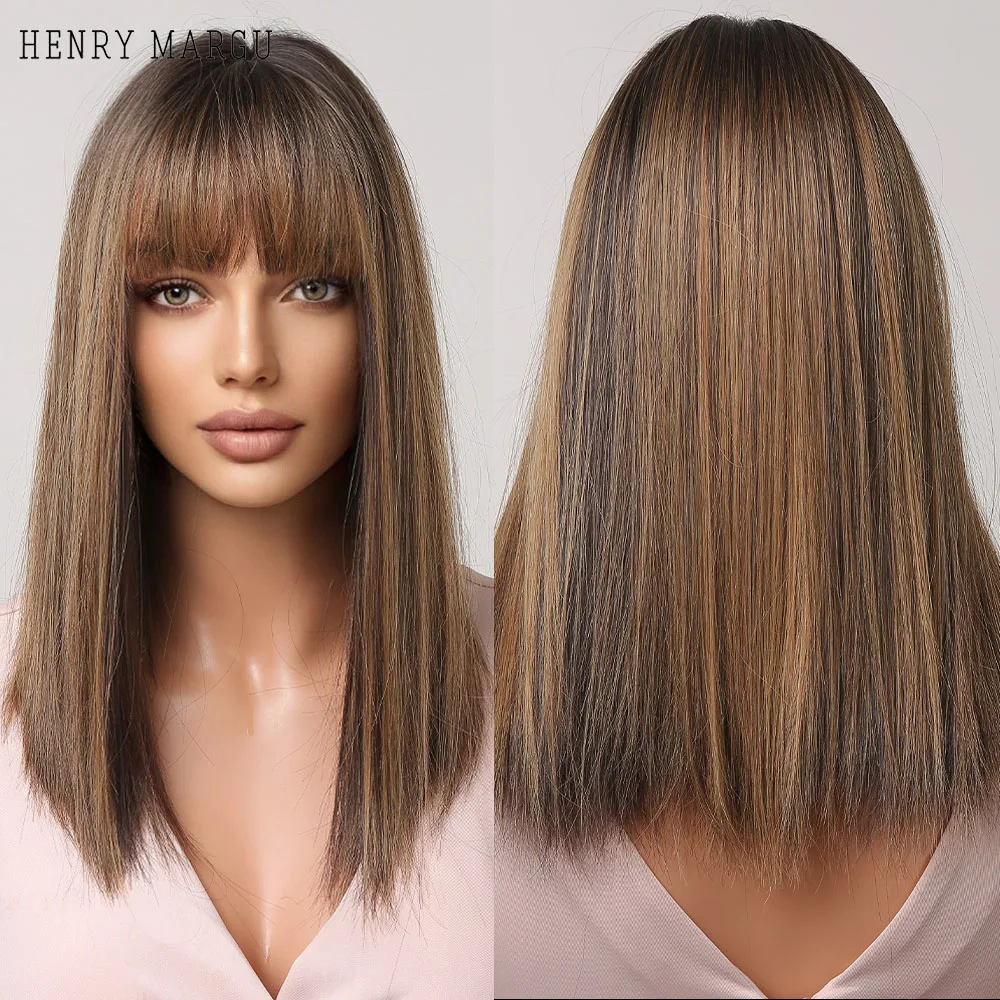 

HENRY MARGU Bob Medium Long Straight Wigs with Bangs for Women Brown Blonde Mixed Synthetic Wigs Daily Cosplay Heat Resistant