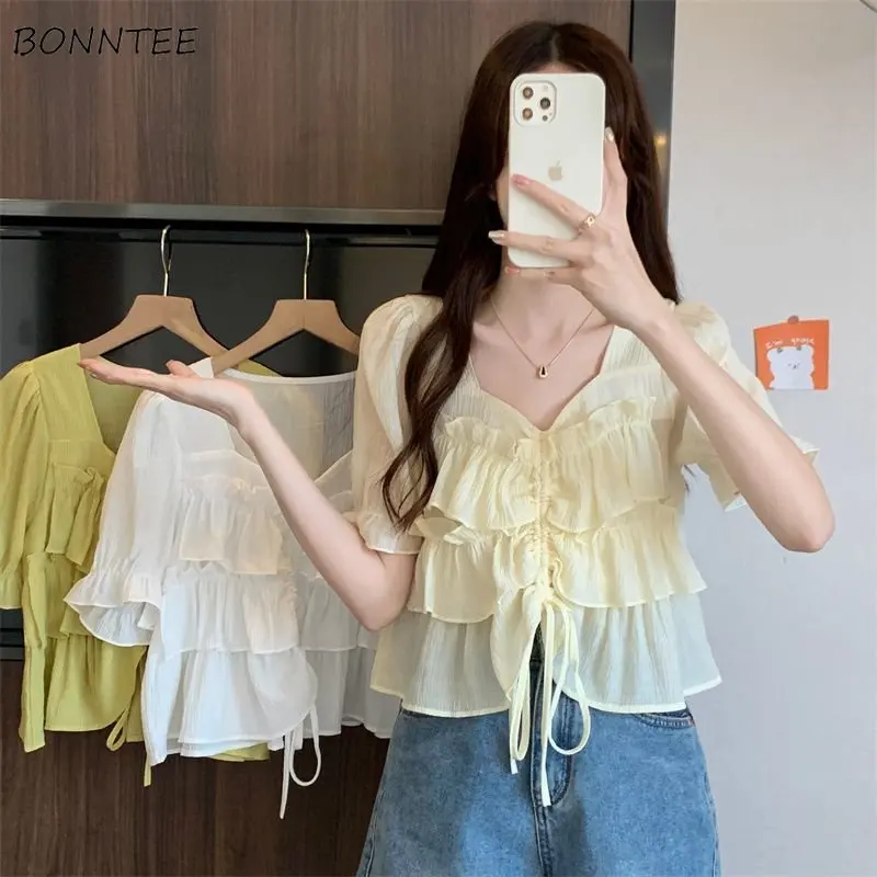 

Tierred Blouses Women Gentle All-match Casual Summer Hotsweet Female Korean Style Fashion Slim Streetwear Fairycore Solid Tops