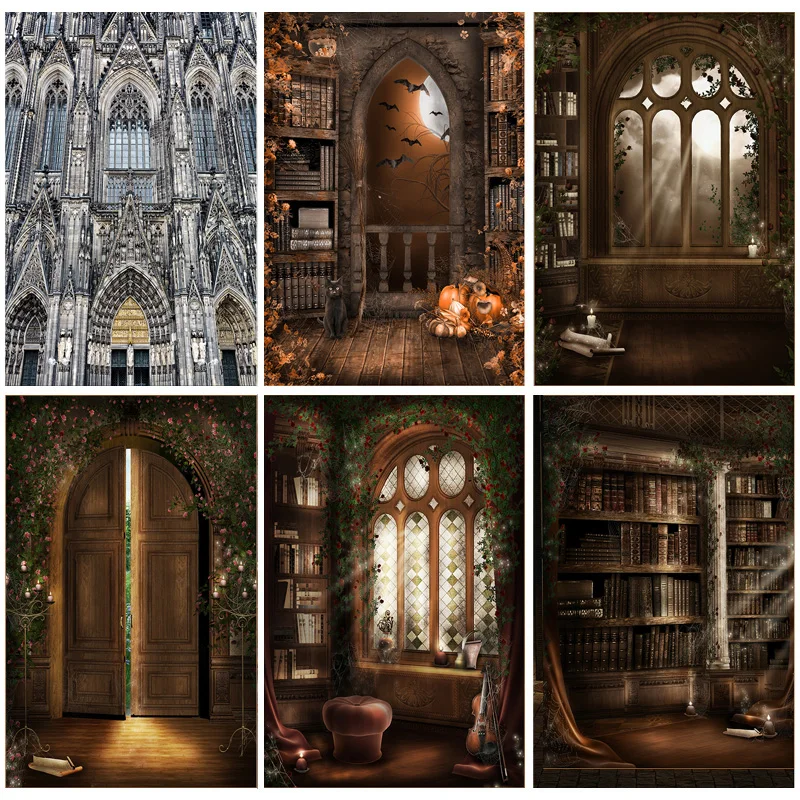 

Goth Fairy Tale Old Palace Bookshelf Arch Window Baby Portrait Backdrops Halloween Photo Backgrounds 20813WSH-01