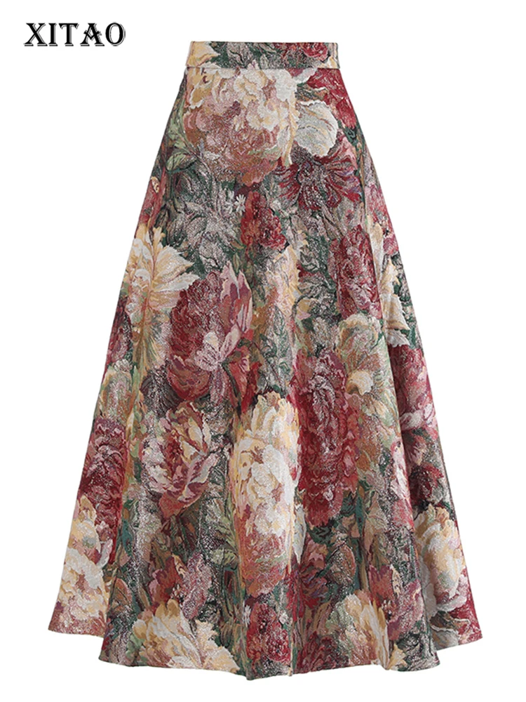 

XITAO Flower Jacquard Skirt Vintage Contrast Color Splicing Women Temperament A-ling Skirt 2023 Autumn Winter New LYD1456