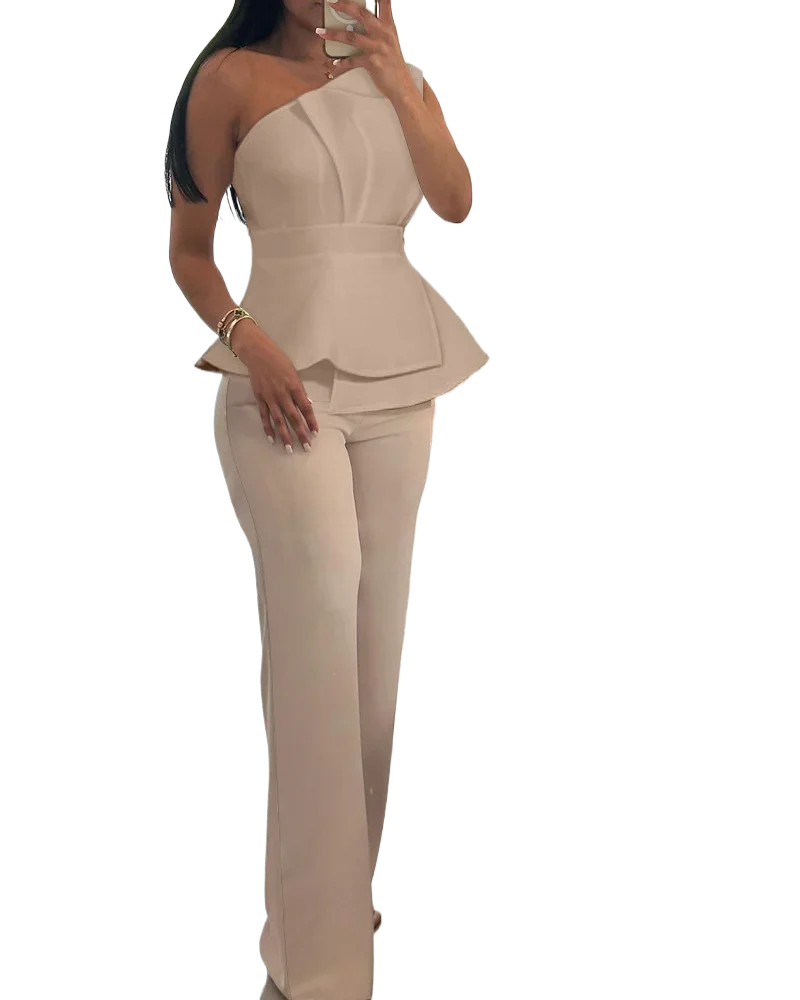 

Женский пикантный однотонный топ без бретелек на одно плечо и брюки с высокой талией, комплект из 2 предметов