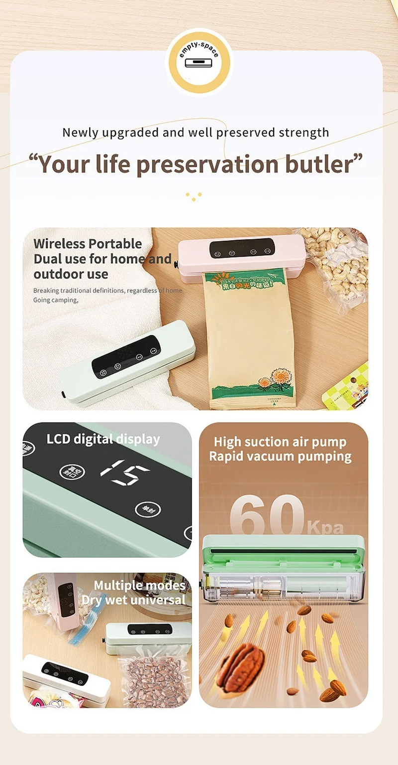 Description Picture 3 of itemWireless Vacuum Sealer Household Vacuum 1200 mAh Large Suction Food Bag Rechargeable Fresh-keeping Laminator Kitchen Packaging
