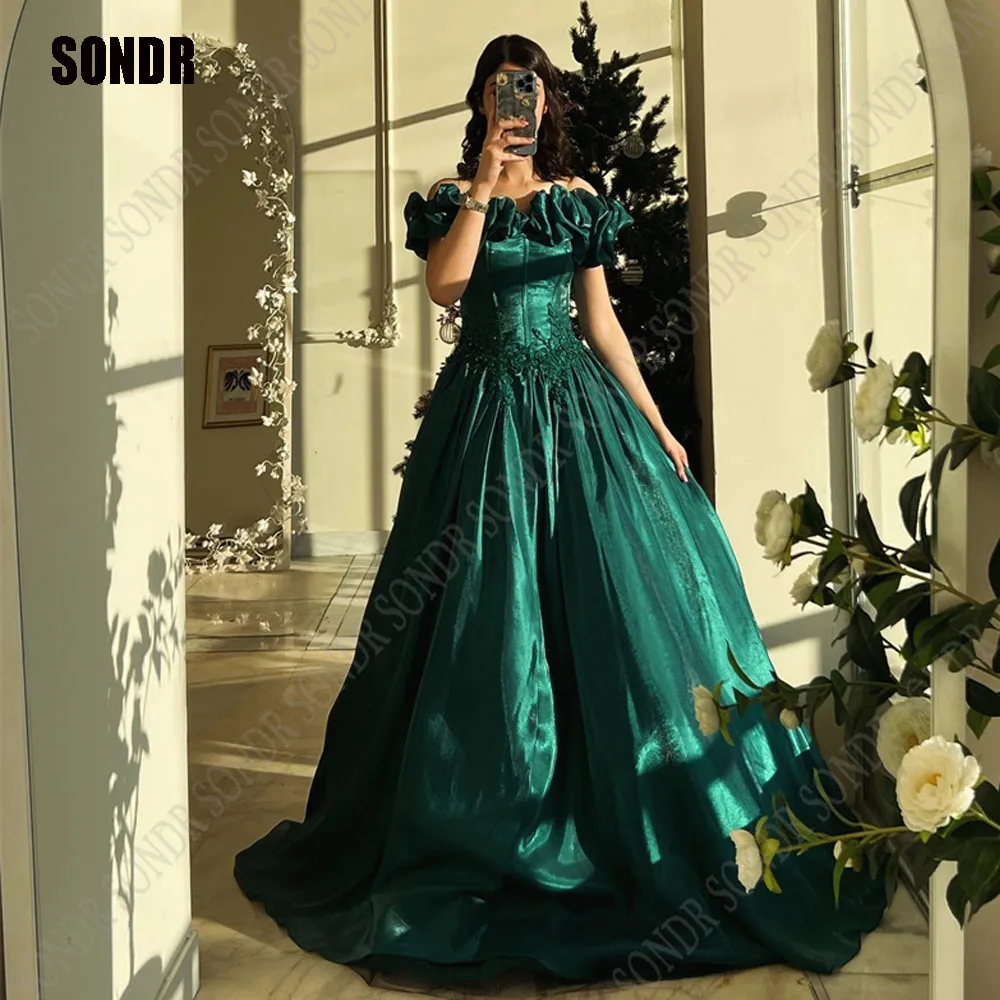 

SONDR Green Organza A Line Evening Dresses Off Shoulder Arabic Dubai Custom Formal Occasion Dress Lace Long Prom Party Gown