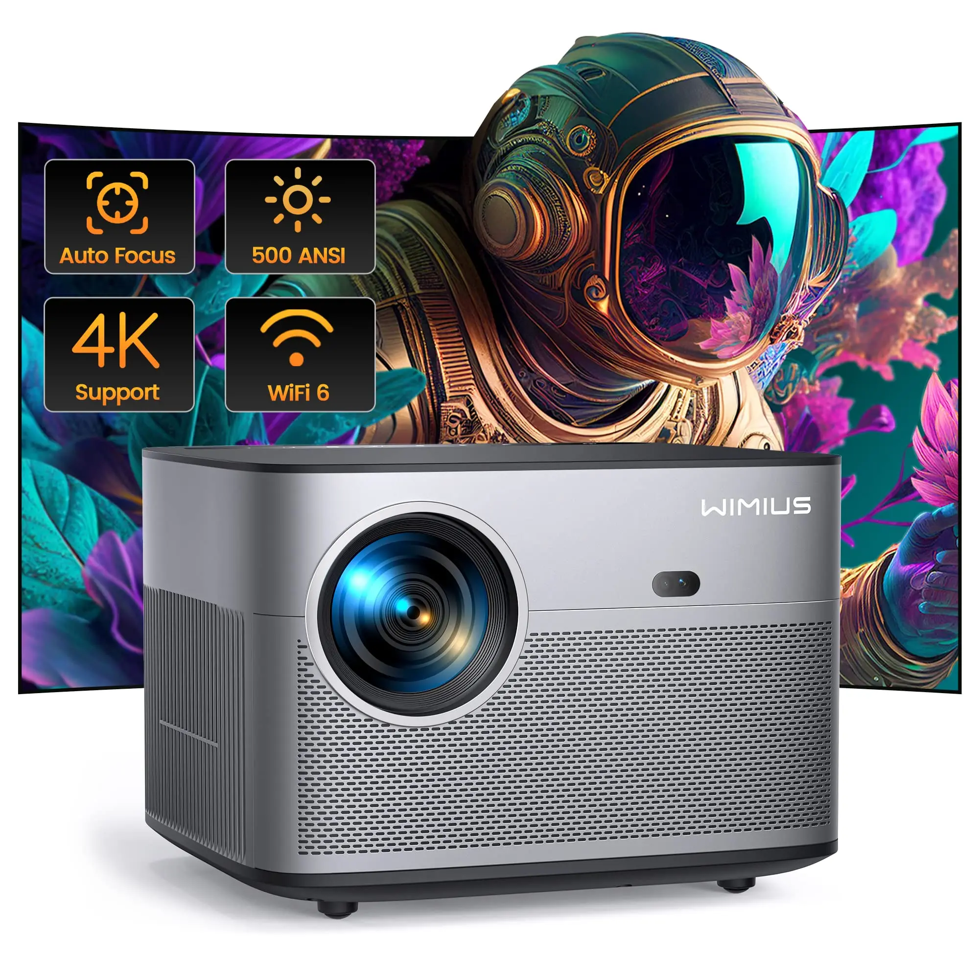 Proiettore Wimius P64 Nativo 1080P Full Hd 4K Supportato 500 Ansi 15000L Wifi 6 Bluetooth Auto Focus/Keystone Home Cinema All'Aperto