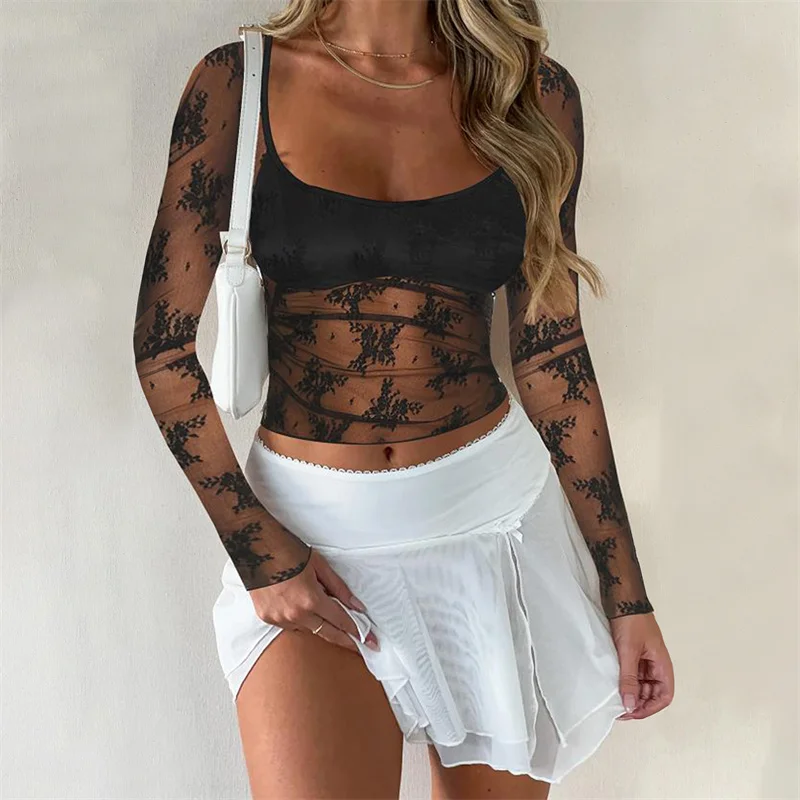 

Кружевные топы для женщин, женская одежда, весна-осень, прозрачная Цветочная футболка с круглым вырезом и длинным рукавом, сексуальная одежда, клубная одежда
