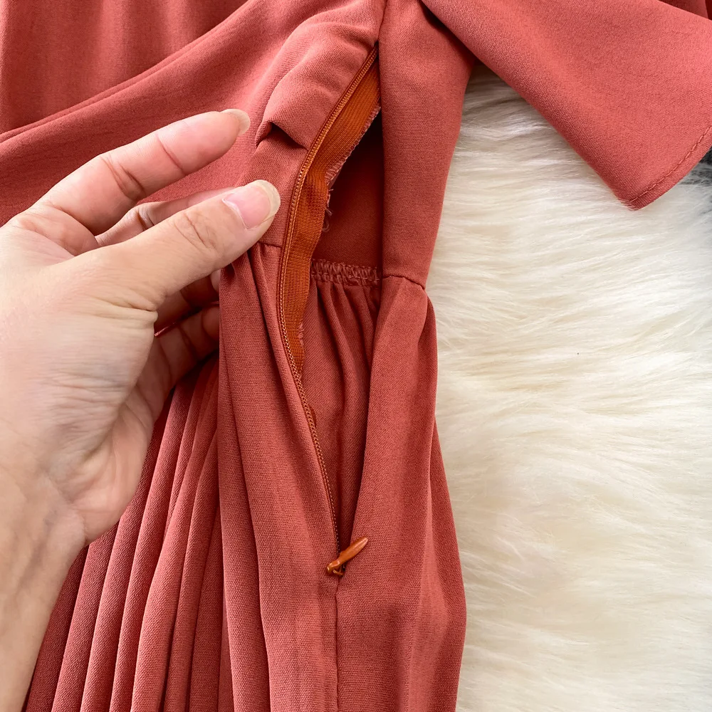 Women Elegant Pleated Dress Summer Short Sleeve V-neck Vintage Dresses Ladies A Line High Waisted Midi Dress