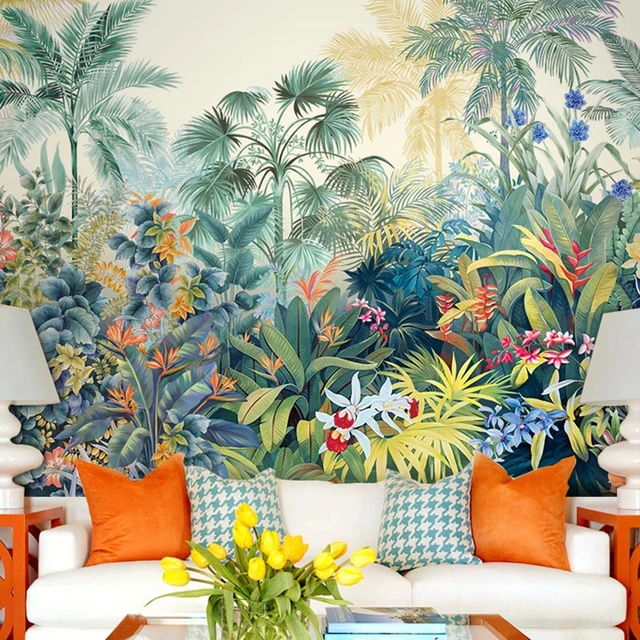 Papel pintado con foto 3D personalizado, cuadro de pared moderno de bosque  Tropical, hoja, Animal, flamenco, Mural de fondo de TV para sala de estar -  AliExpress