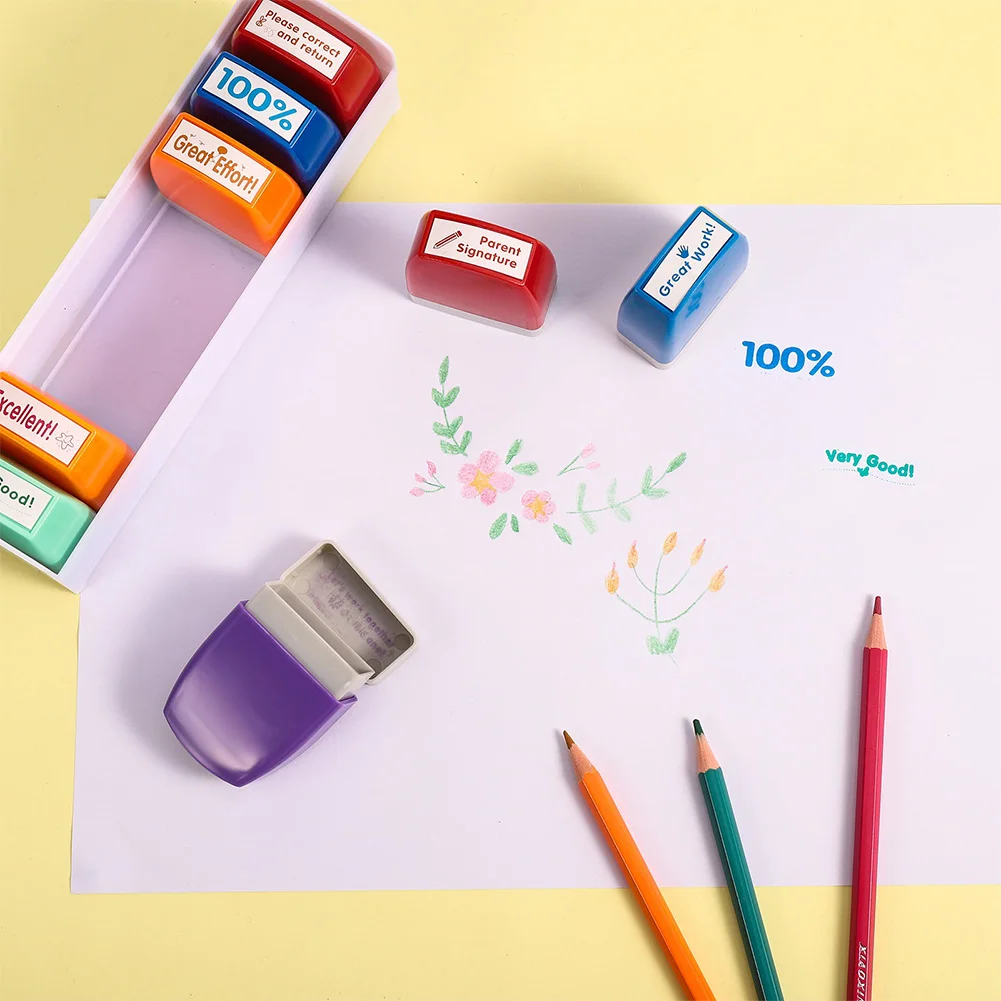 8Pcs Motivation Stamps with Tray Self-inking Grading Stamps Feedback Encouraging Comments School Supplies for Teacher