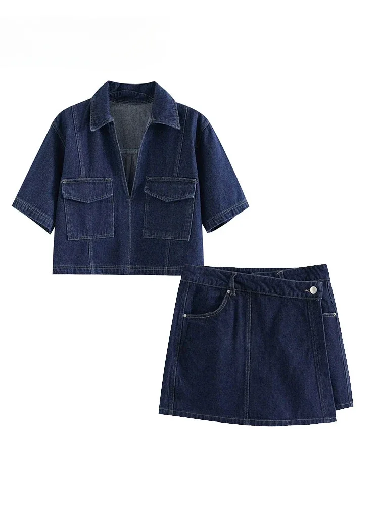 2024 Women's Covered Denim Top, Asymmetrical Denim Skirt, Short Flip Collar, Flap Pocket Decoration, 2-piece Set