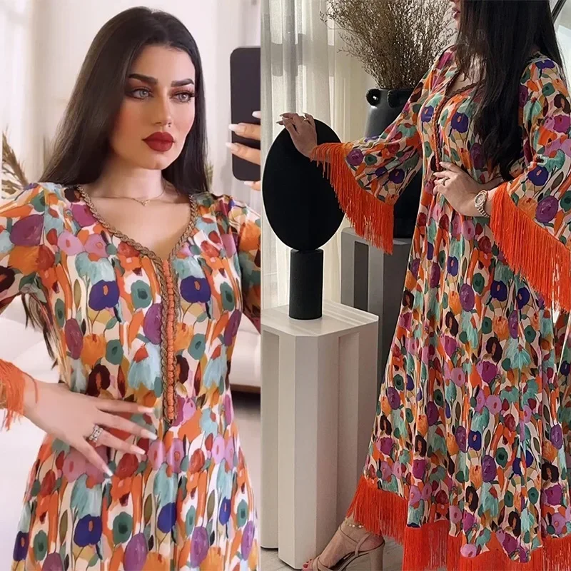 Eid Jalabiya Party Dresses for Women Muslim Elegant Print Abaya Ramadan Kaftan Turkey Arabic Casual Dress Dubai Islamic Morocco