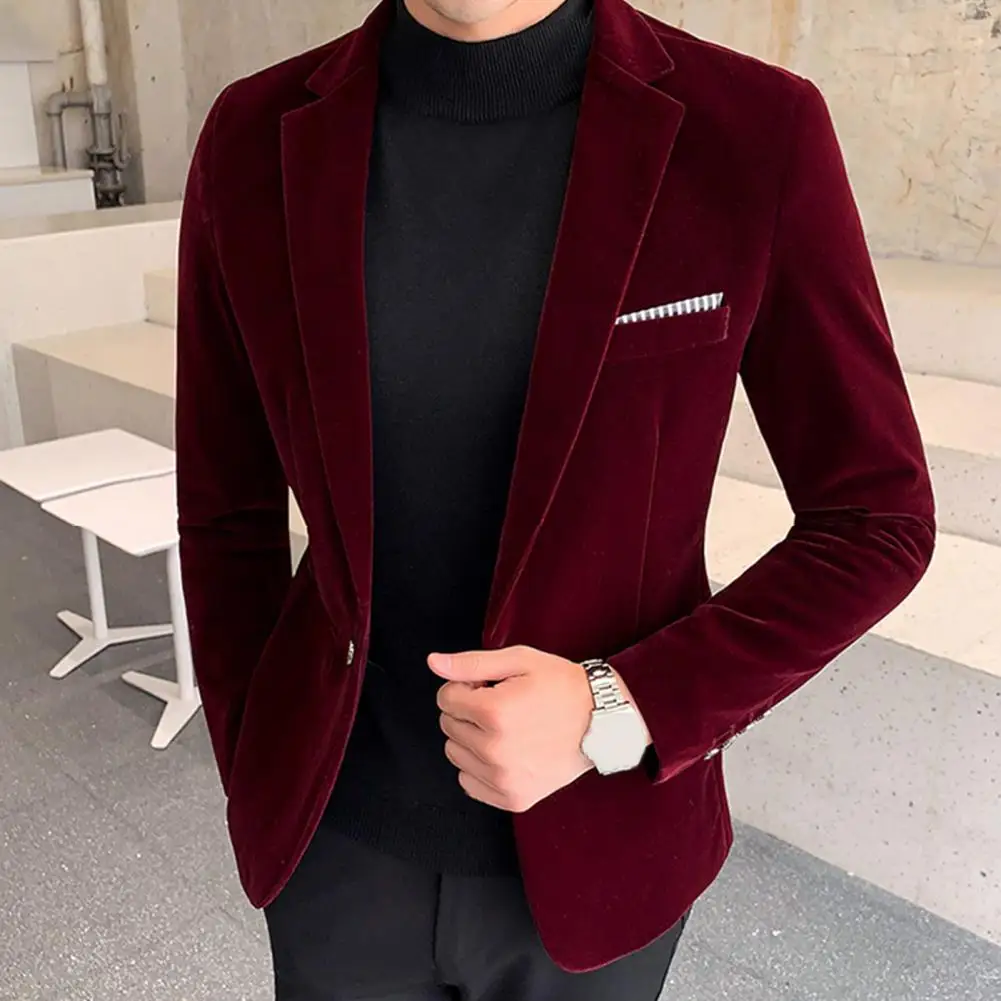 Male  Formal Velvet One Button Blazer Spring Suit Jacket Long Sleeve   for Party