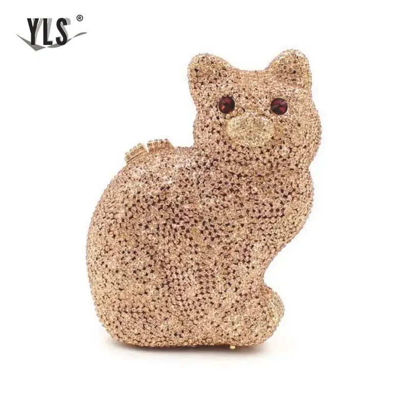 Women Evening Bag Ladies Rhinestone Bag Evening Dress Wallet Crystal Silver Gold Cat shaped Handbag Party
