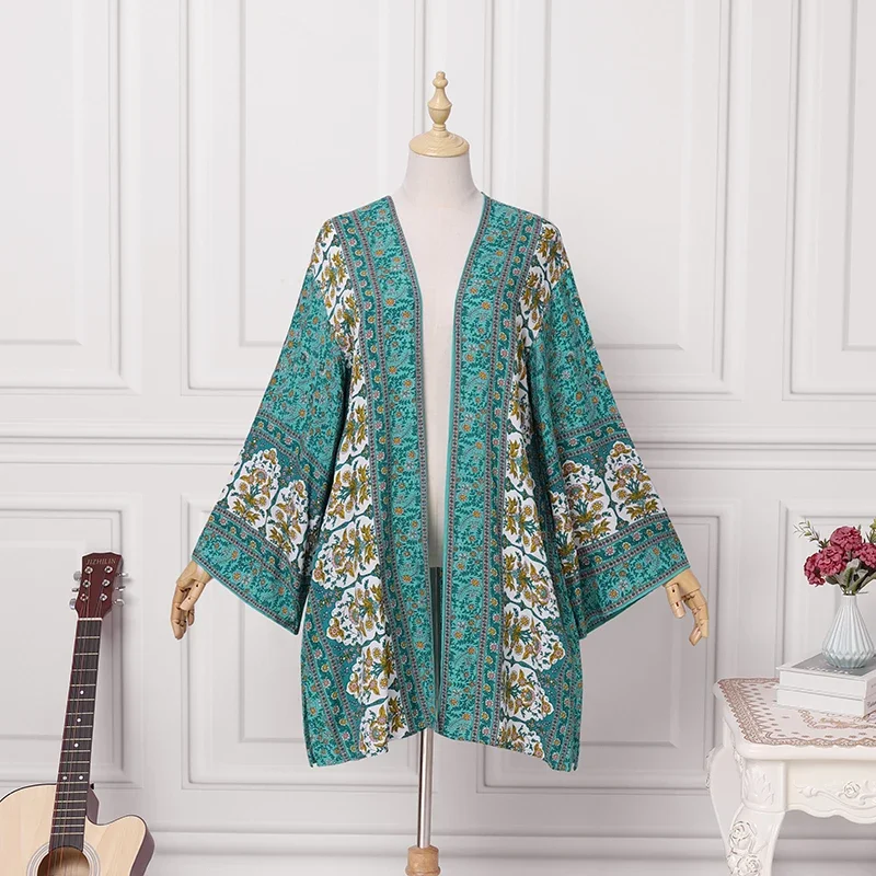 Bohemian Long Sleeve Women Cardigan Summer Open Front Floral Printed Kimono Casual Loose Beach Tops Plus Size
