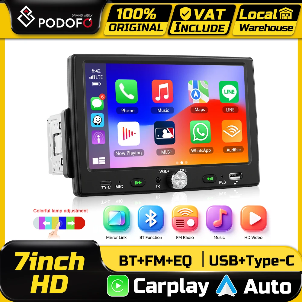 Podofo 1 Din 7'' Écran tactile CarPlay Autoradio Multimédia Lecteur MP5 Android Auto Systèmes intelligents pour voiture Mirror Link BT EQ FM Radio Stéréo 1