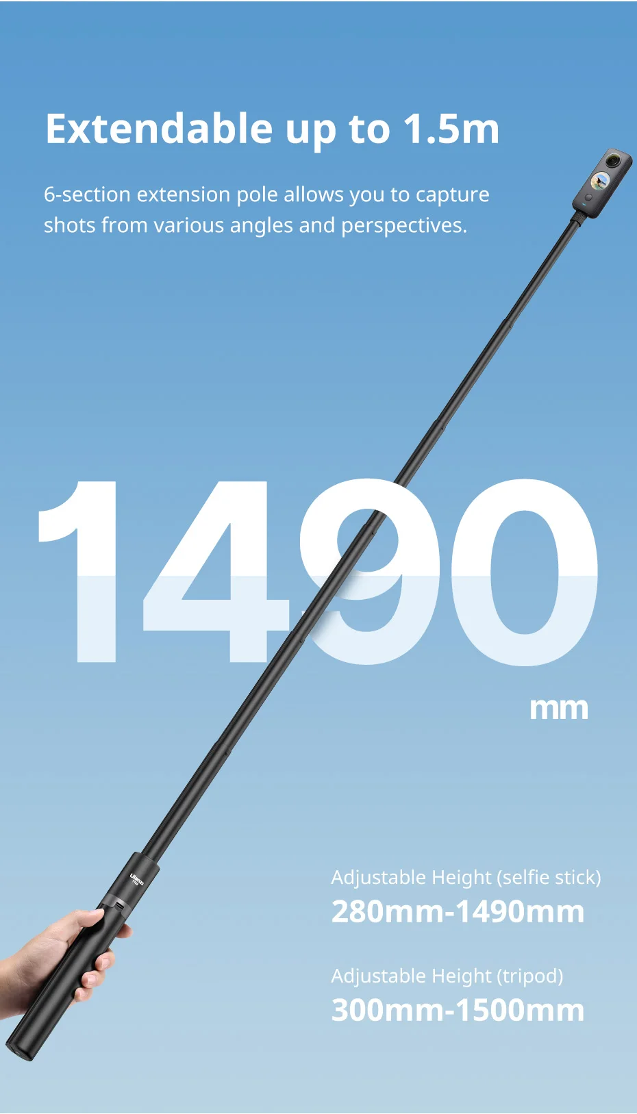 1.5m Portable Selfie Stick Tripod for Insta360/GoPro 28-150cm 800g Load for Live