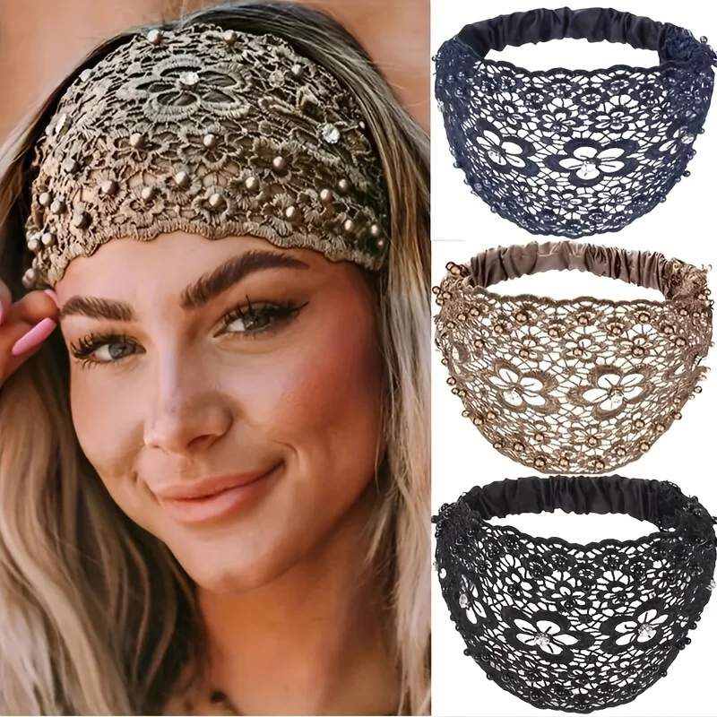 1pc, 4 Styles, Elegant Hollow Lace Flower Pattern Headband, With Faux Pearl Charms Stretch Headband, Wide Brim Rhinestone