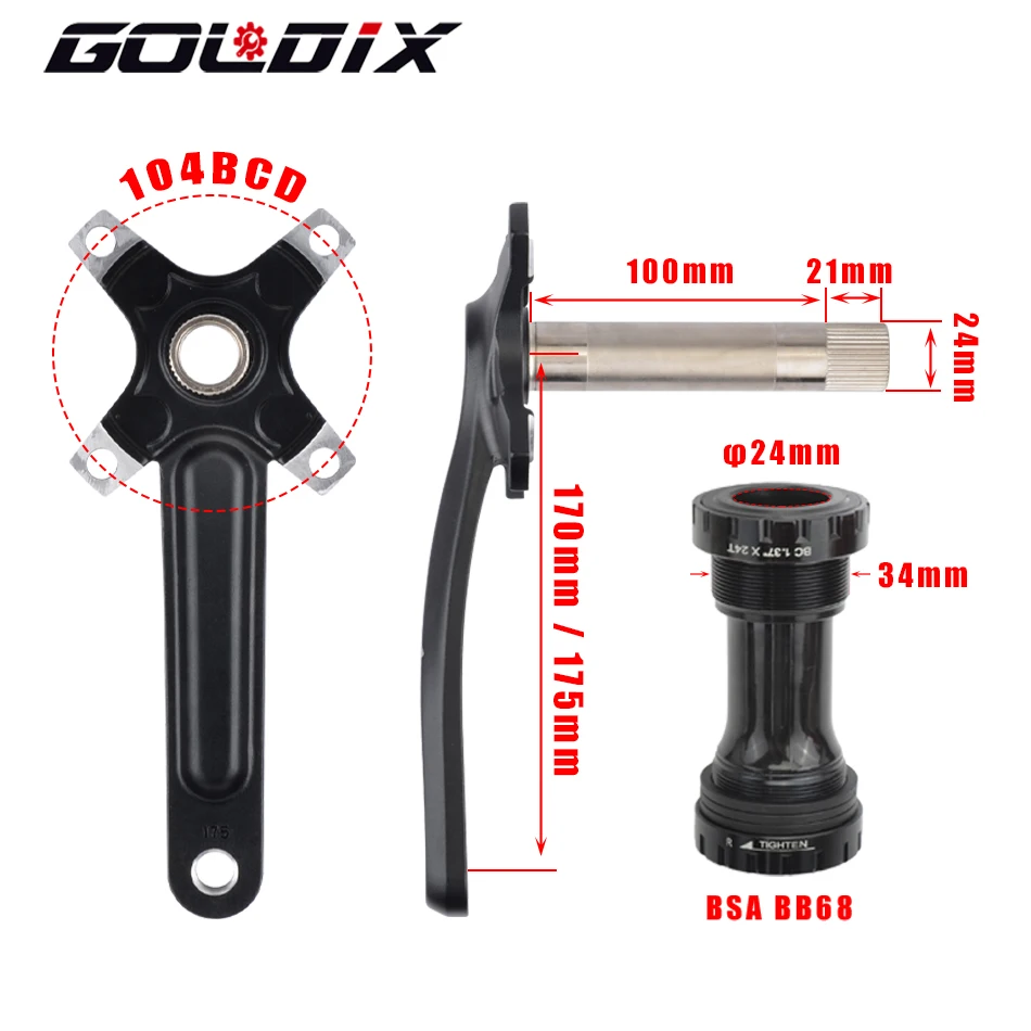 GOLDIX-Peças de bicicleta de montanha, 104BCD, dente largo e estreito, 170mm, 175mm, anéis de cadeia redondos e ovais, 32T, 34T, 36T, 38T, MTB