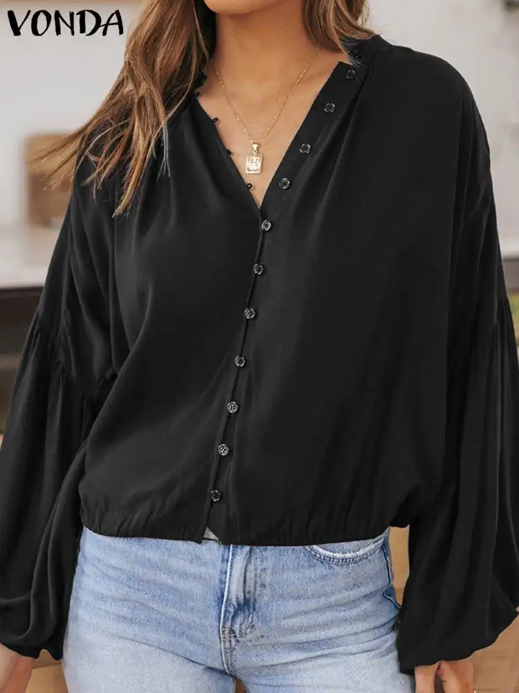 

Women Party Blouse VONDA 2023 Autumn Fashion Buttons Casual Solid Color Shirts Elegant Office OL Tops Long Lantern Sleeve Blusas