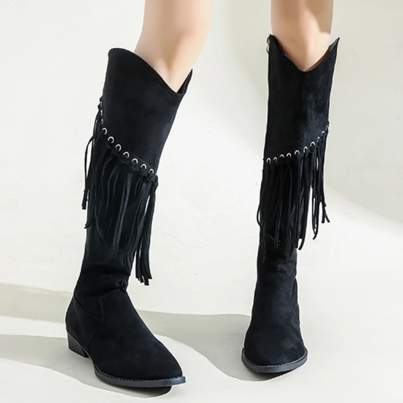 

Женская обувь 2023, высококачественные женские сапоги на молнии, зимние однотонные флоковые сапоги с острым носком и кисточками на массивном каблуке, римские сапоги